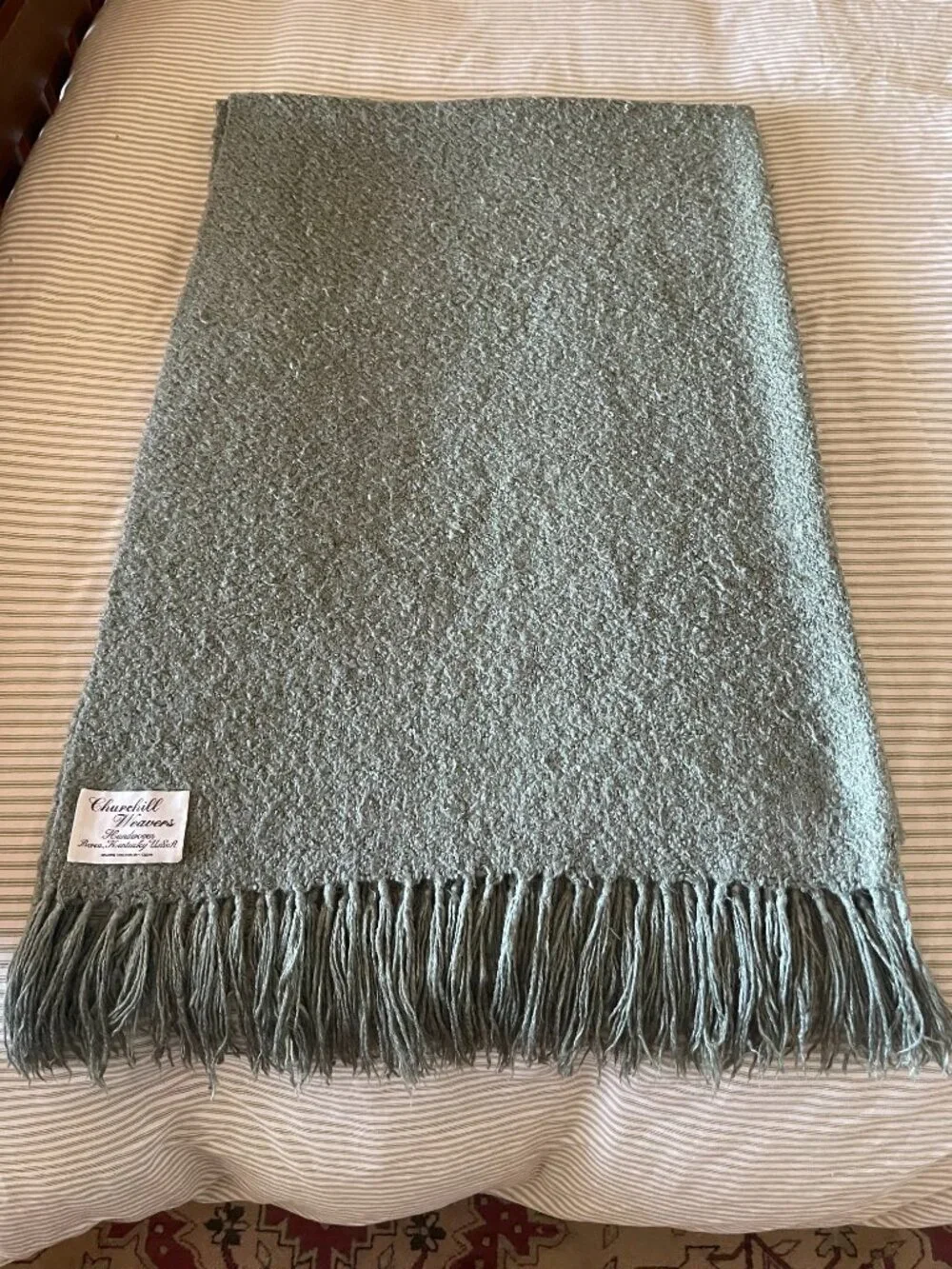 Vintage Kentucky Churchill Weavers Wool Sage Green Fringed Throw